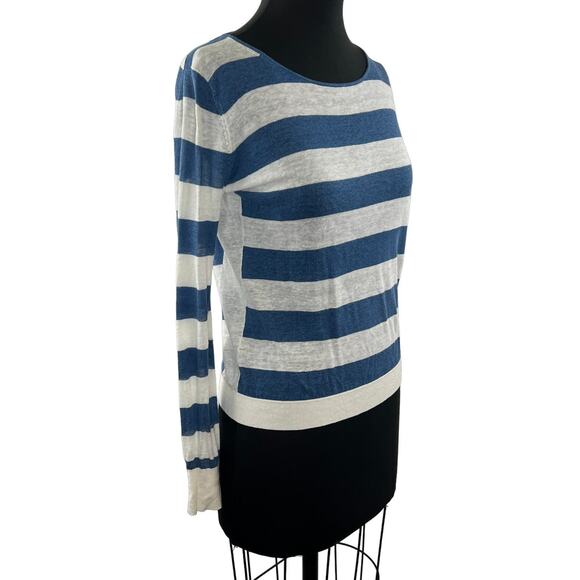 THEORY Blue White Stripe Linen Blend Long Sleeve Round Neck Pullover Sweater S - Picture 1 of 9